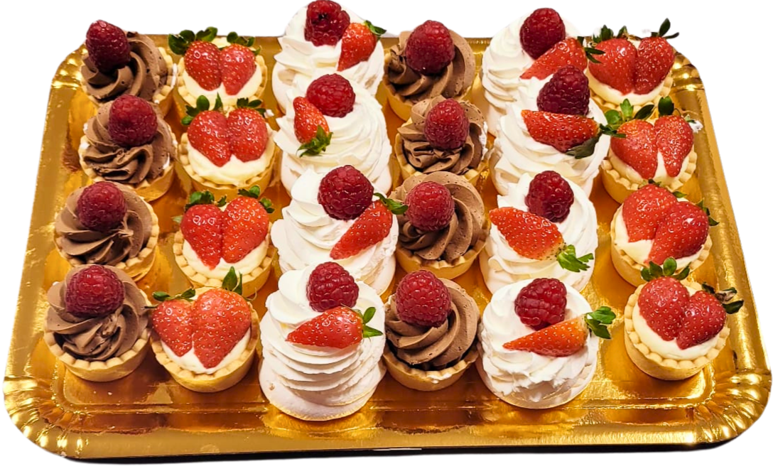 Platou Mnitarte Ciocolata+Minitarte Fructe+ Minipavlova